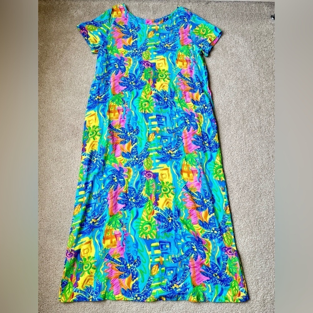 Xtreme Island Design Tropical Maxi Shift Dress Short Sleeve Pockets Large